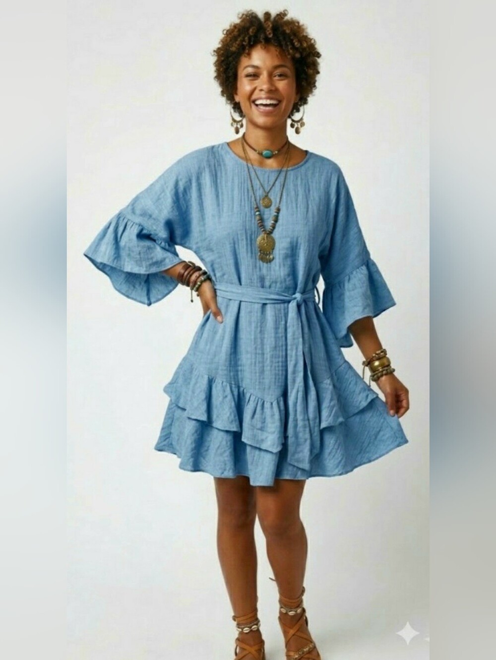 Boho Dress XL Cottage Bell Ruffle Sleeve Whimsical Coastal Weekend Festival